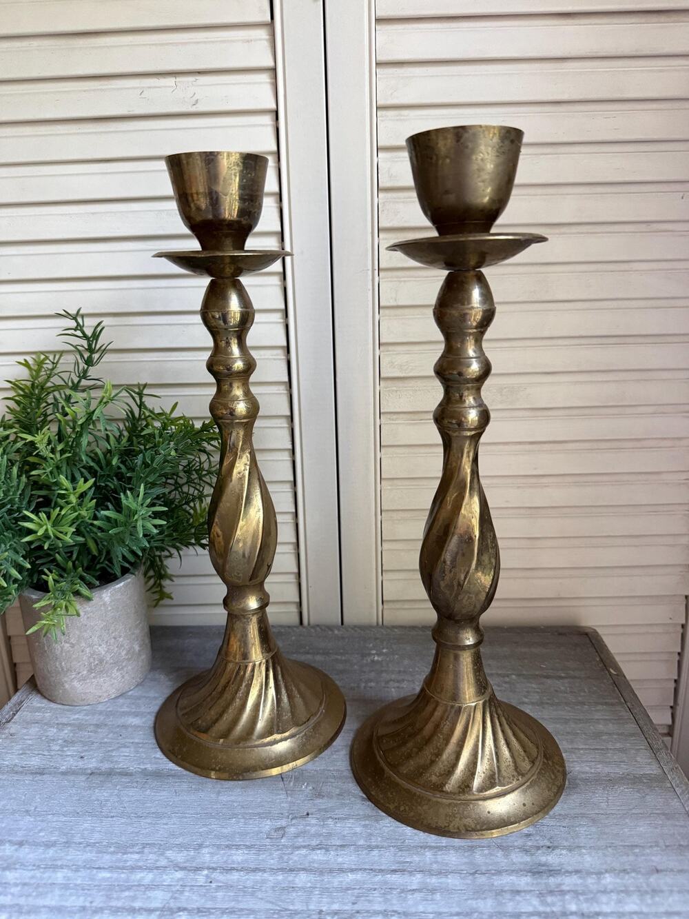 Vintage Twisted Brass Candlesticks Pair | Tall Solid Brass Candle Holder